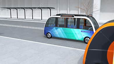 Autonomous shuttle bus leaving bus station