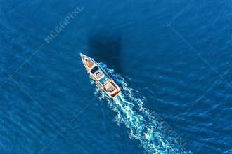 Yacht at the sea. Aerial view of luxury floating ship