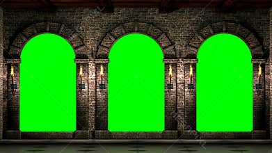 Medieval arches with green screen