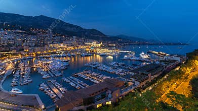 Panorama of Monte Carlo day to night timelapse from the observation deck in the village of Monaco with Port Hercules