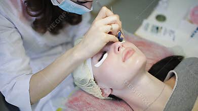 Eyelash Extension Procedure. Woman Eye with Long Eyelashes. Lashes, close up