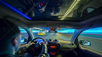 Time lapse shot of male adult driving car