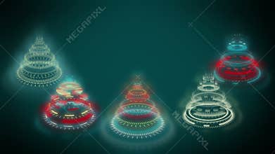 Stylized bizarre Christmas trees, blue background composed of multicolored mechanical spiral wheels.