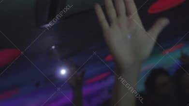 People clubbing, hands up in air, enjoying music, having fun