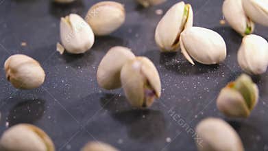 Pistachios slow motion falling on authentic black structured surface.