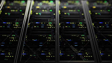 3D rendering of data servers with flashing LEDs. Cyclic animation of data servers