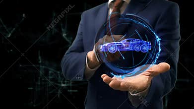 Businessman shows concept hologram Car on his hand