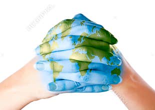 Map of world painted on hands
