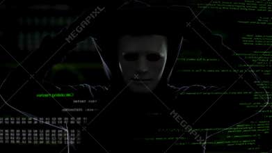 Scary hacker in mask putting on his black hood, cyber terrorism and hacking