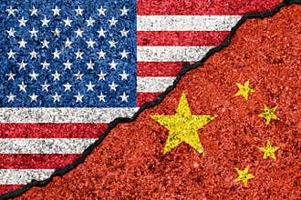 Flags of USA and China painted on cracked wall background/USA-China trade war concept