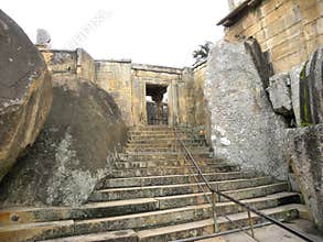 Hassan, Karnataka, India - September 12, 2009 Stone carved steps which leads to the top of the Jain temple on Vindhyagiri Hill