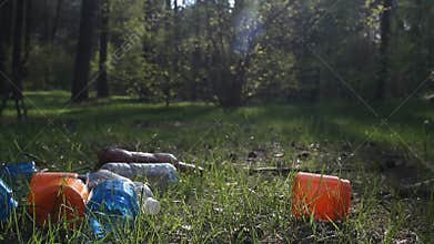 Mountain of plastic bottles, garbage, waste lies in a forest in the nature, garbage in the woods, plastic