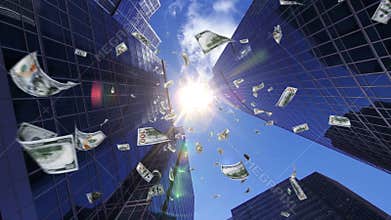 100 Dollars currency falls from business center