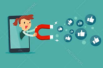 Businesswoman on smart phone screen use magnet to attract thumb