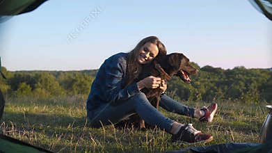 Camping. Happy Woman Traveling With Dog In Nature