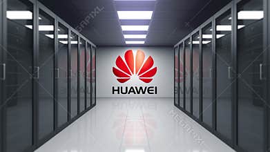 Huawei logo on the wall of the server room. Editorial 3D animation
