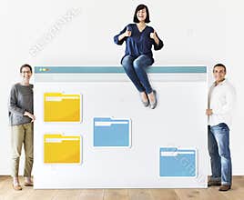Diverse people with internet browser mockup