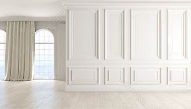 Classic empty interior with white wall, wood floor, window and curtain.