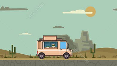 Animated food truck riding through canyon desert. Moving vehicle on landscape background. Flat animation.