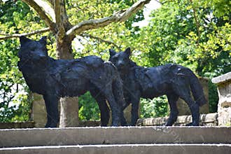 Statues of wolfs near Neuchatel church in Switzerland