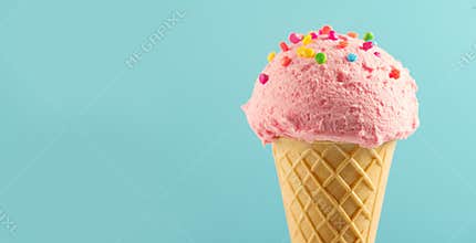 Ice cream. Strawberry or raspberry flavor icecream in waffle cone over blue background. Sweet dessert