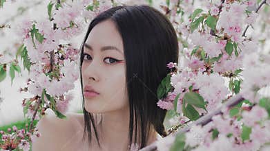 Portrait of a beautiful asian girl outdoors against spring blossom tree. Backstage