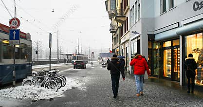 Blue Tram in the city center of Zurich, Switzerland in winter