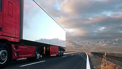 Semi-trailer truck driving along a desert road