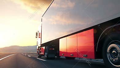Semi-trailer truck driving along a desert road