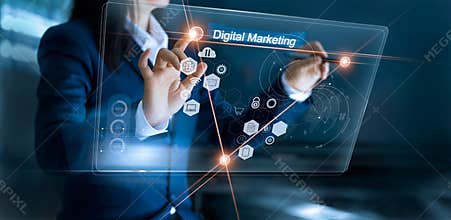 Digital marketing. Business woman drawing global structure