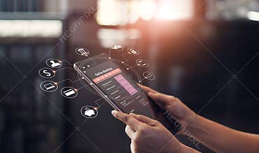 Man hand using online banking and icon on tablet screen device.