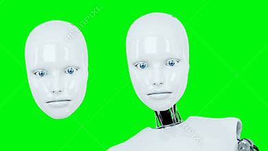 Futuristic humanoid female robot talking . Realistic motion and reflections. green screen footage.