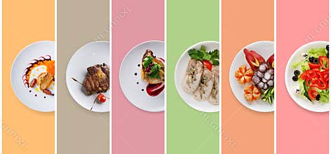 Collage of restaurant dishes on colorful background