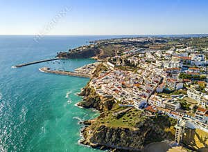 Aerial view of marina and cliffs in Albufeira, Algarve, Portugal
