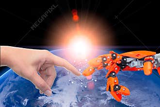 Human and robotic automate technology era connected for future world concept