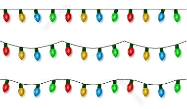 Christmas lights string vector, color garland set isolated on white. Garland balls seamless. Hanging