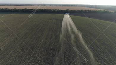 Agricultural airplane flies over Grain field and splashing chemicals against parasite