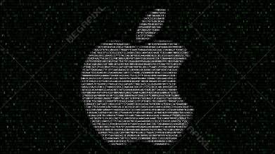 Apple Inc. logo made of flashing hexadecimal symbols on computer screen. Editorial 3D rendering