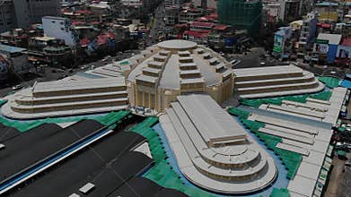 Aerial slow descend at Phnom Penh Central Market in Cambodia, Southeast Asia;
