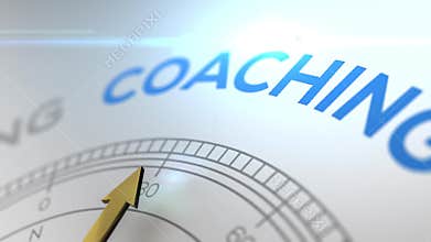 Compass with the text COACHING right path, concept video for good direction white shiny background