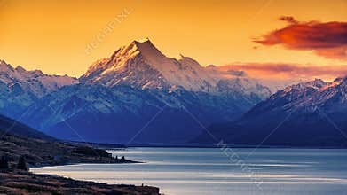 Sunset of Mount Cook and Lake Pukaki