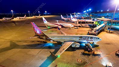 4k Time Lapse Day to Night Airplane Of Malasia Airlines Transportation In Kuala Lumpur International Airport, Malaysia