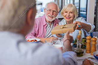 Joyful happy couple giving a gift to their friends