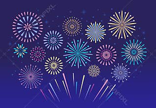 Colorful fireworks. Celebration fire firework, christmas pyrotechnics firecracker for festival background isolated