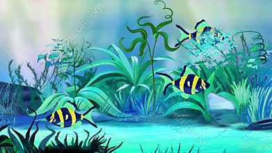 Small Blue-yellow aquarium fishes in a tank