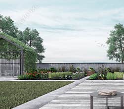Modern house exterior with organic vegetables garden