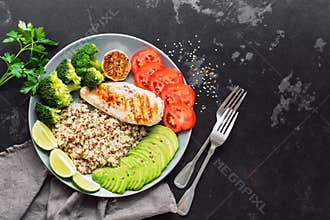 Healthy diet food quinoa, grilled chicken, avocado, broccoli, tomato. The concept of beneficial nutrition. Overhead,copy space