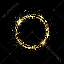 Glitter gold circle frame with space for text. Sparkling golden frame on black background. Bright glittering star dust