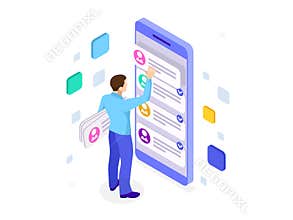 Isometric ux app development and holding smartphone. User experience. Website design and development.