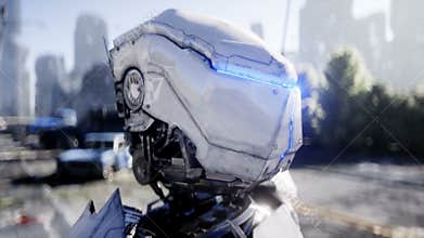 Military robot in destroyed city. Future apocalypse concept. Realistic 4k animation.